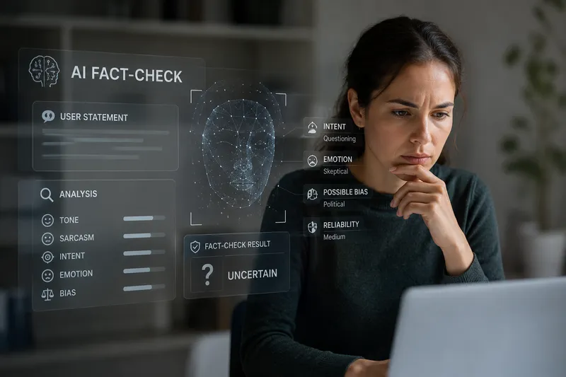 Ein nachdenklicher Mensch blickt auf eine digitale Analyseoberfläche mit KI- und Faktencheck-Elementen, die sinnbildlich für moderne KI-Moderation und die Interpretation menschlicher Kommunikation steht.
