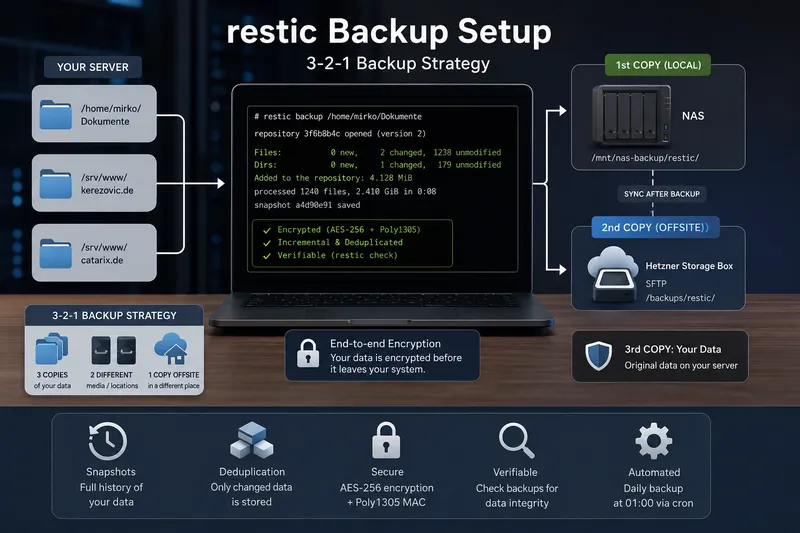 Übersichtsgrafik einer modernen 3-2-1-Backup-Strategie mit restic, NAS-Speicher, verschlüsseltem Offsite-Backup und mehreren Systemen in einer sicheren Backup-Infrastruktur.