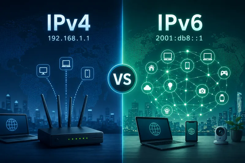 Side-by-side comparison of IPv4 and IPv6 featuring network devices, router, digital connections and symbols representing modern internet and home networking.