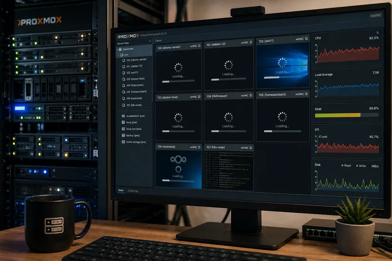 Proxmox server running multiple virtual machines with visible performance slowdown, illustrated by delayed responses and system load indicators.