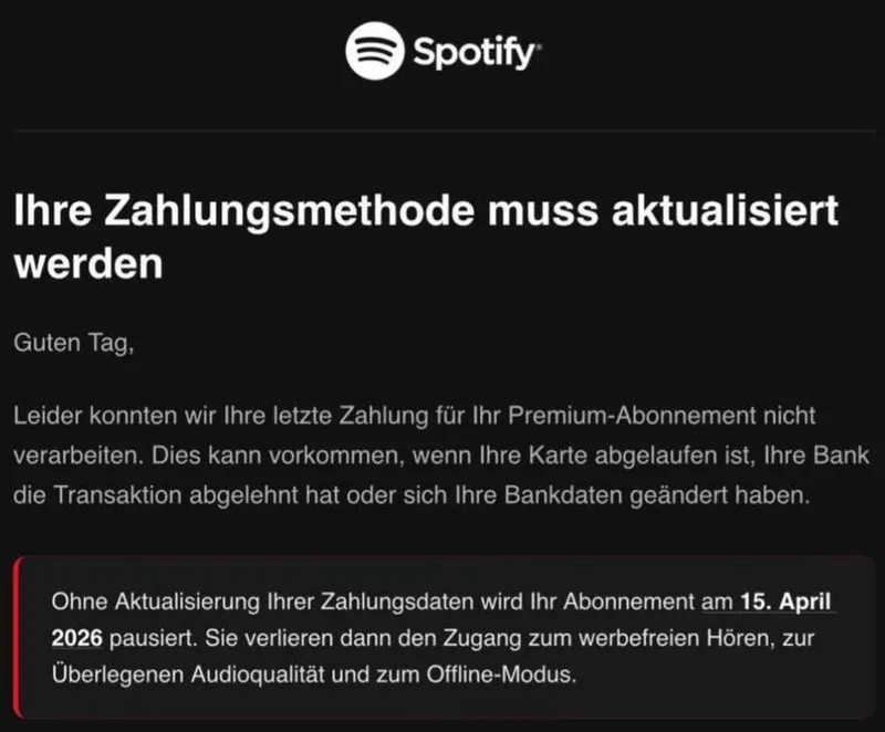 Screenshot einer Spotify Phishing Email: Ihre zahlungsmethode muss aktualisiert werden.