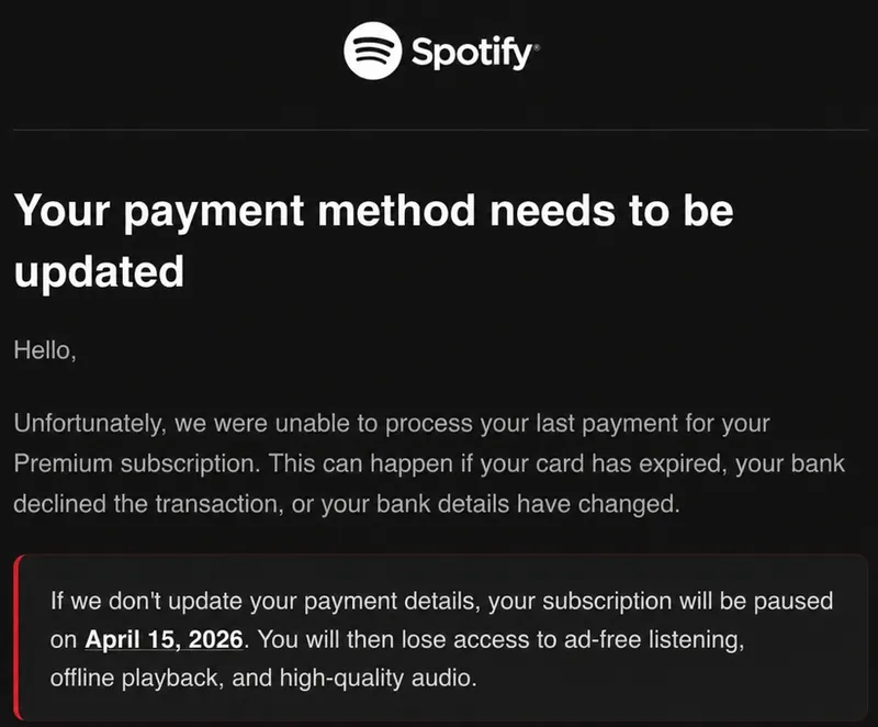 Screenshot of a Spotify phishing email: Your payment method needs to be updated.