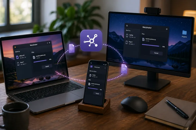 Laptop, Desktop-PC und Smartphone auf einem Schreibtisch übertragen Dateien lokal miteinander über Warpinator, dargestellt durch Verbindungslinien und das Warpinator-Logo in der Mitte.