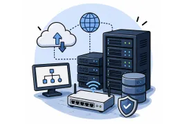 Illustration for the Infrastructure category with servers, networking and IT operations.