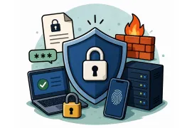Illustration for the Security category with symbols for protection, access control and hardening.